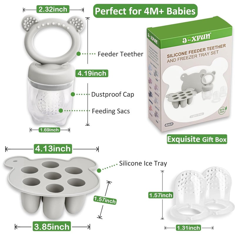 JEXFUN Baby Fruit Food Feeder & Mini Freezer Nibble Tray Combo, Breastmilk Popsicle Molds for Baby Cooling Relief, BPA Free Silicone Feeder for Safe Infant Self Feeding, 4 Month+ (Light Grey) - Image 4